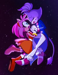 Size: 1598x2048 | Tagged: safe, artist:onlyastraa, amy rose, blaze the cat, cat, hedgehog, 2022, amy x blaze, amy's halterneck dress, bisexual pride, blaze's tailcoat, cute, facepaint, female, females only, holding hands, lesbian, lesbian pride, pride, shipping