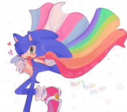 Size: 2048x1794 | Tagged: safe, artist:xmollq, sonic the hedgehog, hedgehog, 2023, blushing, cape, cute, english text, gay pride, heart, holding something, looking at viewer, male, mouth open, pride, pride flag, simple background, solo, sonabetes, standing on one leg, star (symbol), top surgery scars, trans male, trans pride, transgender, white background, wink