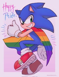 Size: 1570x2048 | Tagged: safe, artist:sakurasuzuki__, sonic the hedgehog, 2023, border, cape, clenched teeth, english text, gay pride, gradient background, looking offscreen, male, pride, smile, solo, standing, thumbs up