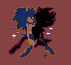 Size: 1591x1454 | Tagged: safe, artist:_kaiimill, shadow the hedgehog, sonic the hedgehog, hedgehog, ace, barefoot, bisexual, bisexual pride, blushing, duo, gay, gloves off, lidded eyes, looking at each other, male, mlm pride, nonbinary, nonbinary pride, outline, red background, shadow x sonic, shipping, signature, simple background, smile, star (symbol), top surgery scars, trans male, trans pride, transgender
