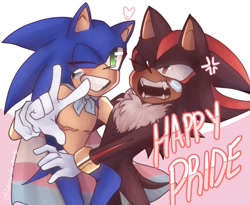 Size: 2048x1682 | Tagged: safe, artist:artsylex_, shadow the hedgehog, sonic the hedgehog, abstract background, achillean pride, cape, clenched teeth, cross popping vein, demisexual, demisexual pride, duo, english text, facepaint, fangs, gay, heart, holding each other, mouth open, one eye closed, pride, shadow x sonic, shipping, smile, top surgery scars, trans male, trans pride, transgender, wink
