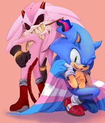 Size: 1756x2048 | Tagged: safe, artist:ljxlovesarts, sonic the hedgehog, oc, ambiguous gender, black sclera, clenched teeth, crouching, duo, flag, gold tooth, looking at viewer, male, mouth hold, mouth open, polyamorous pride, pride, pride flag, red background, simple background, smile, standing, top surgery scars, trans male, trans pride, transgender, unknown species, unnamed oc, wink