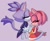 Size: 3665x3025 | Tagged: safe, artist:lemon eyebrows, amy rose, blaze the cat, cat, hedgehog, 2021, amy x blaze, amy's halterneck dress, blaze's tailcoat, cute, eyes closed, female, females only, kiss on head, lesbian, purple background, shipping, simple background, wagging tail