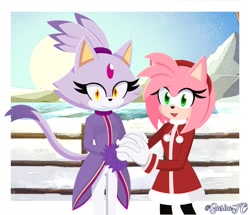 Size: 1314x1132 | Tagged: safe, artist:sashathecat12, amy rose, blaze the cat, amy x blaze, daytime, duo, female, females only, fence, holding hands, lake, lesbian, looking at viewer, outdoors, shipping, smile, snow, standing, winter