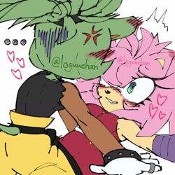 Size: 2048x2048 | Tagged: safe, artist:loguuchan, amy rose, surge the tenrec, ..., awkward, blushing, blushing ears, colored version, cross popping vein, duo, female, females only, heart, lesbian, looking at each other, lying back, shipping, simple background, sitting on them, smile, sonic boom (tv), surgamy, white background
