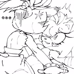 Size: 2048x2048 | Tagged: safe, artist:loguuchan, amy rose, surge the tenrec, ..., alternate version, awkward, black and white, blushing, blushing ears, cross popping vein, duo, female, females only, heart, lesbian, looking at each other, lying back, monochrome, shipping, simple background, sitting on them, smile, sonic boom (tv), surgamy, white background