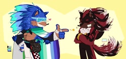 Size: 1982x937 | Tagged: safe, artist:zepandovski, shadow the hedgehog, sonic the hedgehog, abstract background, arms folded, blushing, cape, demiromantic, demiromantic pride, duo, eyes closed, facepaint, frown, gay, heart, huffing, mlm pride, pride, pride flag, smile, standing, star (symbol), sunglasses, unlabelled, unlabelled pride