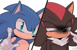 Size: 2048x1344 | Tagged: safe, artist:sonicnewunivers, shadow the hedgehog, sonic the hedgehog, cross popping vein, duo, eye twitch, frown, gay, lidded eyes, looking at each other, male, males only, pout, pride, shadow is not amused, shadow x sonic, shadowed face, shipping, shrunken pupils, simple background, sticker, white background