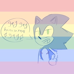 Size: 2048x2048 | Tagged: safe, artist:raynarosa84, sonic the hedgehog, abstract background, dialogue, english text, gay gay homosexual gay, lidded eyes, looking at viewer, male, meme, mouth open, pride, pride flag background, solo, star (symbol), top surgery scars, trans male, transgender