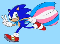 Size: 2048x1519 | Tagged: safe, artist:possqueen, sonic the hedgehog, blue background, cape, flat colors, looking at viewer, male, running, simple background, smile, solo, top surgery scars, trans male, trans pride, transgender, v sign