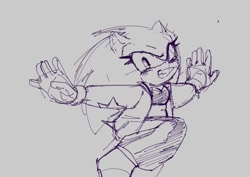 Size: 834x589 | Tagged: artist needed, safe, sonic the hedgehog, hedgehog, arms out, blushing, crop top, female, grey background, jacket, looking at viewer, pants, simple background, sketch, smile, solo, trans female, transgender