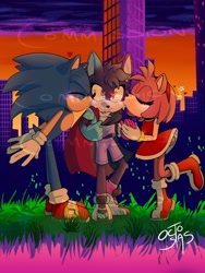 Size: 1536x2048 | Tagged: safe, artist:0ctostas, amy rose, sonic the hedgehog, oc, abstract background, bisexual, bisexual pride, blushing, canon x oc, cape, city, double kiss, eyes closed, female, gay, grass, heart, holding hands, kiss on cheek, love triangle, male, outdoors, signature, smile, standing, straight, trio, unknown species, unnamed oc