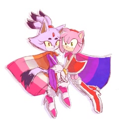 Size: 2000x2000 | Tagged: safe, artist:_bomb_chan_, amy rose, blaze the cat, amy x blaze, bisexual, bisexual pride, cape, duo, female, females only, lesbian, lesbian pride, pride, shipping, simple background, white background