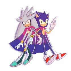 Size: 2000x2000 | Tagged: safe, artist:_bomb_chan_, silver the hedgehog, sonic the hedgehog, bisexual, bisexual pride, cape, duo, gay, linking arms, looking at viewer, male, males only, pointing, pride, shipping, simple background, smile, sonilver, standing, white background