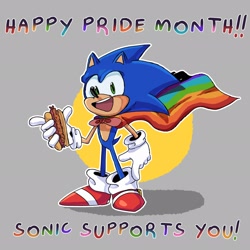 Size: 2048x2048 | Tagged: safe, artist:aniqcoco1, sonic the hedgehog, abstract background, cape, chili dog, english text, holding something, looking at viewer, male, mouth open, outline, pride, smile, solo, standing