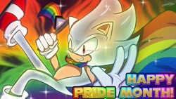 Size: 1280x720 | Tagged: safe, artist:immo_____, sonic the hedgehog, abstract background, cape, english text, gay pride, holding something, hyper form, hyper sonic, looking at viewer, male, pride, pride flag, progress pride, smile, solo, sparkles, v sign, wink