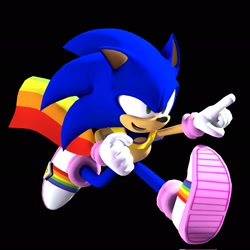 Size: 2048x2048 | Tagged: safe, artist:the_duck_dealer, sonic the hedgehog, 3d, black background, cape, looking ahead, male, mouth open, pointing, pride, progress pride, running, simple background, smile, solo, w.i.p