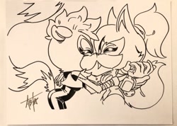 Size: 1023x730 | Tagged: safe, artist:fierysonic1991, tangle the lemur, whisper the wolf, duo, eyes closed, holding them, kiss, lesbian, markerwork, shipping, signature, simple background, tangle x whisper, traditional media