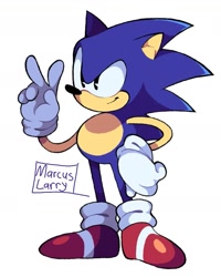Size: 823x1030 | Tagged: dead source, safe, artist:marcuslarry627, sonic the hedgehog, hand on hip, looking offscreen, male, signature, simple background, smile, solo, standing, v sign, white background