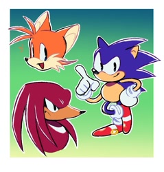 Size: 1053x1101 | Tagged: dead source, safe, artist:marcuslarry627, knuckles the echidna, miles "tails" prower, sonic the hedgehog, abstract background, border, bust, frown, gradient background, looking at viewer, looking offscreen, male, males only, mouth open, outline, pointing, posing, smile, standing, team sonic, trio