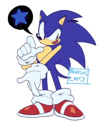 Size: 933x1148 | Tagged: dead source, safe, artist:marcuslarry627, sonic the hedgehog, looking offscreen, male, modern sonic, mouth open, signature, simple background, solo, speech bubble, standing, star (symbol), white background