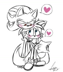 Size: 1280x1463 | Tagged: artist needed, safe, miles "tails" prower, shadow the hedgehog, blushing, duo, gay, heart, holding something, holding them, lidded eyes, looking at each other, paper, shadails, shipping, shy, signature, simple background, smile, standing, white background
