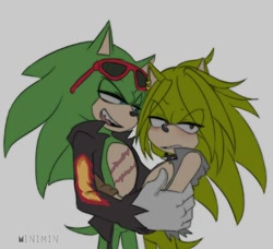 Size: 604x552 | Tagged: source needed, safe, artist:minimin, manik the hedgehog, scourge the hedgehog, hedgehog, blushing, duo, eyes clipping through hair, frown, gay, grey background, holding each other, lidded eyes, looking at them, looking away, male, males only, scouranik, simple background, standing