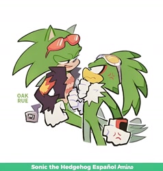 Size: 1600x1680 | Tagged: safe, artist:oakrue, jet the hawk, scourge the hedgehog, bird, crack shipping, cross popping vein, duo, frown, gay, hawk, lidded eyes, looking at each other, male, males only, one fang, scouret, shipping, simple background, smile, white background