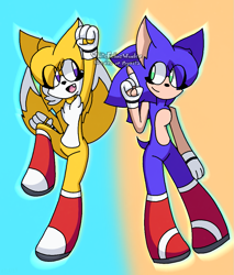 Size: 861x1011 | Tagged: safe, artist:whitefelinewonder, miles "tails" prower, sonic the hedgehog, oc, oc:sonique, alternate eye color, boots, duo, eyes clipping through hair, female, females only, fingerless gloves, gender swap, gradient background, looking at each other, mouth open, purple eyes, smile, standing