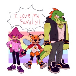Size: 2000x2000 | Tagged: safe, artist:chechewi4ka, charmy bee, espio the chameleon, vector the crocodile, 2023, abstract background, adoption, blushing, dialogue, english text, family, father and son, flapping wings, flying, gay, holding hands, male, males only, parent:espio, parent:vector, parents:vecpio, pride, shipping, smile, speech bubble, standing, team chaotix, trio