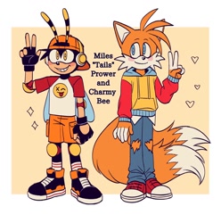 Size: 1268x1280 | Tagged: safe, artist:chechewi4ka, charmy bee, miles "tails" prower, bee, fox, 2023, abstract background, adult, alternate universe, backwards cap, blushing, border, duo, headphones, hoodie, kneepads, looking at viewer, older, ripped pants, shirt, shorts, smile, standing, v sign
