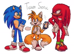 Size: 1410x1034 | Tagged: safe, artist:chechewi4ka, knuckles the echidna, miles "tails" prower, sonic the hedgehog, echidna, fox, hedgehog, sonic the hedgehog 2 (2022), 2023, blushing, english text, fluffy, holding something, looking at them, male, males only, mouth open, phone, simple background, smile, speech bubble, talking, team sonic, trio, white background