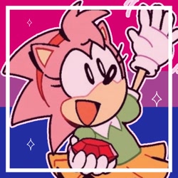 Size: 2048x2048 | Tagged: artist needed, safe, amy rose, hedgehog, abstract background, bisexual, bisexual pride, chaos emerald, classic amy, female, holding something, icon, looking offscreen, mobius.social exclusive, mouth open, outline, pride flag background, smile, solo, sparkles, standing, waving