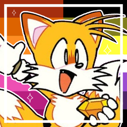 Size: 2048x2048 | Tagged: artist needed, safe, miles "tails" prower, fox, abstract background, chaos emerald, classic tails, colored ears, edit, holding something, icon, lesbian, lesbian pride, looking offscreen, mobius.social exclusive, mouth open, nonbinary, nonbinary pride, one fang, outline, pride, pride flag background, smile, solo, star (symbol), waving