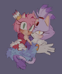 Size: 1735x2048 | Tagged: safe, artist:nunnne, amy rose, blaze the cat, cat, hedgehog, the murder of sonic the hedgehog, amy x blaze, blaze's industrial dress, blushing, cute, female, females only, holding each other, lesbian, looking at viewer, purple background, shipping, simple background