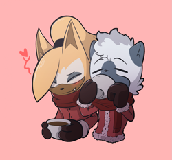 Size: 1989x1852 | Tagged: safe, artist:kittylights, tangle the lemur, whisper the wolf, 2023, blushing, coat, cup, drinking, duo, eyes closed, female, females only, heart, holding something, hot cocoa, lesbian, pink background, scarf, shipping, simple background, smile, standing, tangle x whisper