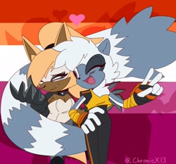 Size: 2048x1911 | Tagged: safe, artist:chronicx13, tangle the lemur, whisper the wolf, abstract background, blushing, duo, female, females only, heart, lesbian, lesbian pride, looking at each other, pride, pride flag background, shadow (lighting), shipping, smile, standing, tangle x whisper, wrapped in tail