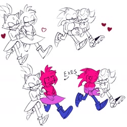 Size: 1668x1668 | Tagged: safe, artist:ifoundyoufaker, amy rose, blaze the cat, shadow the hedgehog, sonic the hedgehog, amy x blaze, awkward, bisexual, bisexual exes, bisexual pride, english text, female, gay, group, heart, holding each other, holding hands, implied sonamy, lesbian, male, meme, redraw, shadow x sonic, shipping, simple background, walking, white background