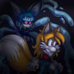 Size: 2000x2000 | Tagged: safe, artist:cyngawolf, kit the fennec, miles "tails" prower, oc, oc:hurrikit, oc:tailsko (tasp), fox, 2023, black background, duo, female, females only, frown, gender swap, glowing eyes, looking at them, simple background, standing, this won't end well