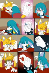 Size: 3000x4500 | Tagged: safe, artist:cyngawolf, kit the fennec, miles "tails" prower, fox, 2023, abstract background, candy, chair, comic, dialogue, duo, english text, exclamation mark, fennec, gay, heart, holding something, kitails, male, males only, plate, restaurant, shadowed face, shipping, shocked, sitting, sparkles, speech bubble, table