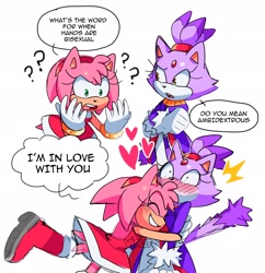 Size: 1980x2048 | Tagged: safe, artist:violetmadness7, amy rose, blaze the cat, cat, hedgehog, 2023, amy x blaze, amy's halterneck dress, blaze's tailcoat, blushing, cute, dialogue, english text, eyes closed, female, females only, hearts, hugging, shipping