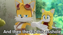 Size: 650x365 | Tagged: safe, miles "tails" prower, zooey the fox, fox, 3d, abstract background, and then there's this asshole, arm up, duo, edit, english text, female, lidded eyes, male, meme, mobius.social exclusive, screenshot, shipping denied, sonic boom (tv), standing