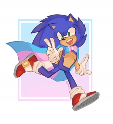 Size: 1510x1661 | Tagged: safe, artist:ejpony, sonic the hedgehog, hedgehog, abstract background, cape, looking offscreen, male, mouth open, running, smile, solo, top surgery scars, trans male, trans pride, transgender
