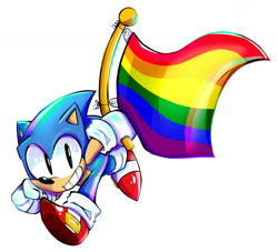 Size: 1280x1164 | Tagged: safe, artist:wikipixel, sonic the hedgehog, hedgehog, classic sonic, flag, gay pride, holding something, looking at viewer, male, pride, pride flag, running, simple background, smile, solo, white background