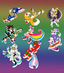Size: 1128x1280 | Tagged: safe, artist:dragon_artz_studio, amy rose, blaze the cat, knuckles the echidna, miles "tails" prower, rouge the bat, shadow the hedgehog, silver the hedgehog, sonic the hedgehog, 2022, ace, agender, agender pride, asexual pride, bisexual, bisexual pride, cape, demisexual, demisexual pride, facepaint, female, flag, frown, gay, gradient background, group, lesbian, lesbian pride, lipstick, male, mlm pride, nonbinary, nonbinary pride, pansexual, pansexual pride, pride, pride flag, progress pride, smile, top surgery scars, trans female, trans male, trans pride, transgender