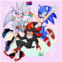 Size: 2048x2042 | Tagged: safe, artist:toketsuu, shadow the hedgehog, silver the hedgehog, sonic the hedgehog, hedgehog, abstract background, bisexual, bisexual pride, blushing, chaos emerald, eyelashes, flag, gay, gay pride, holding something, male, males only, pansexual, pansexual pride, pride, pride flag, smile, sparkles, trio, v sign, wink