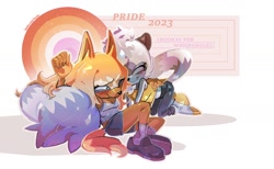 Size: 1696x1046 | Tagged: safe, artist:beehunterkisser, tangle the lemur, whisper the wolf, abstract background, blushing, duo, female, females only, lesbian, lesbian pride, nuzzle, pride, shipping, sitting, smile, tangle x whisper