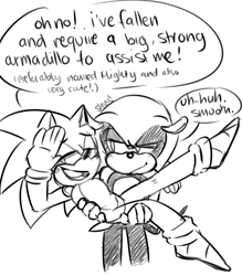 Size: 1280x1463 | Tagged: safe, artist:alittlebitfast, mighty the armadillo, sonic the hedgehog, armadillo, hedgehog, blushing, dialogue, dramatic, duo, english text, flirting, gay, looking at them, male, males only, mouth open, shipping, signature, simple background, smile, sonighty, speech bubble, standing, white background