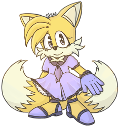 Size: 911x976 | Tagged: safe, artist:alittlebitfast, miles "tails" prower, fox, crossdressing, dress, eyelashes, femboy, heels, looking at viewer, male, signature, simple background, smile, solo, standing, white background
