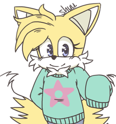Size: 911x976 | Tagged: safe, artist:alittlebitfast, miles "tails" prower, fox, chest fluff, eyelashes, femboy, hand behind back, looking at viewer, male, oversized, signature, simple background, smile, solo, standing, star (symbol), sweater, white background